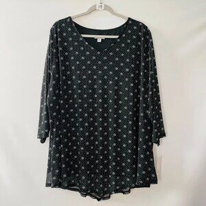 NWT Croft & Barrow Womens Black 3/4 Sleeve V-Neck Floral Mesh Blouse Top Sz 3X